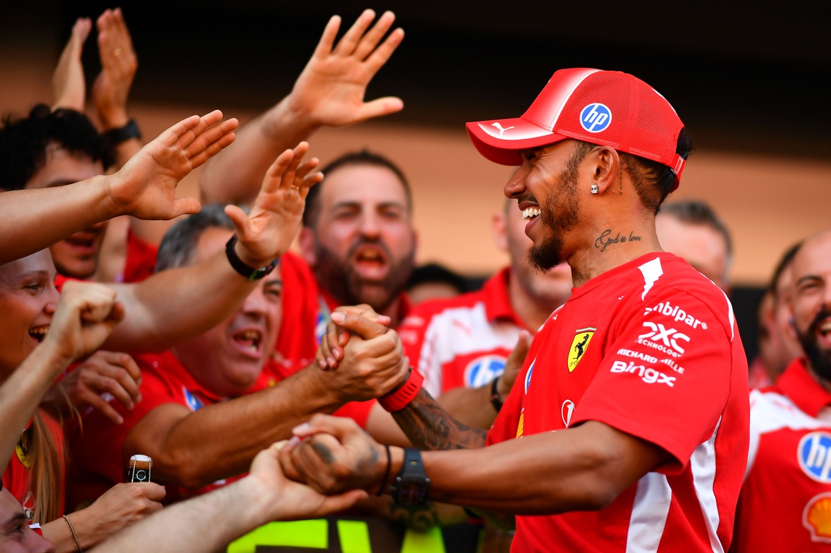Lewis Hamilton's first Ferrari win celebrations spill into the streets in Italy source thumbnail